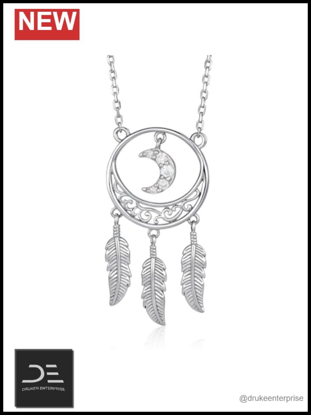 925 Sterling Silver Lab Grown Diamond Moon Dream Catcher Pendant Necklace